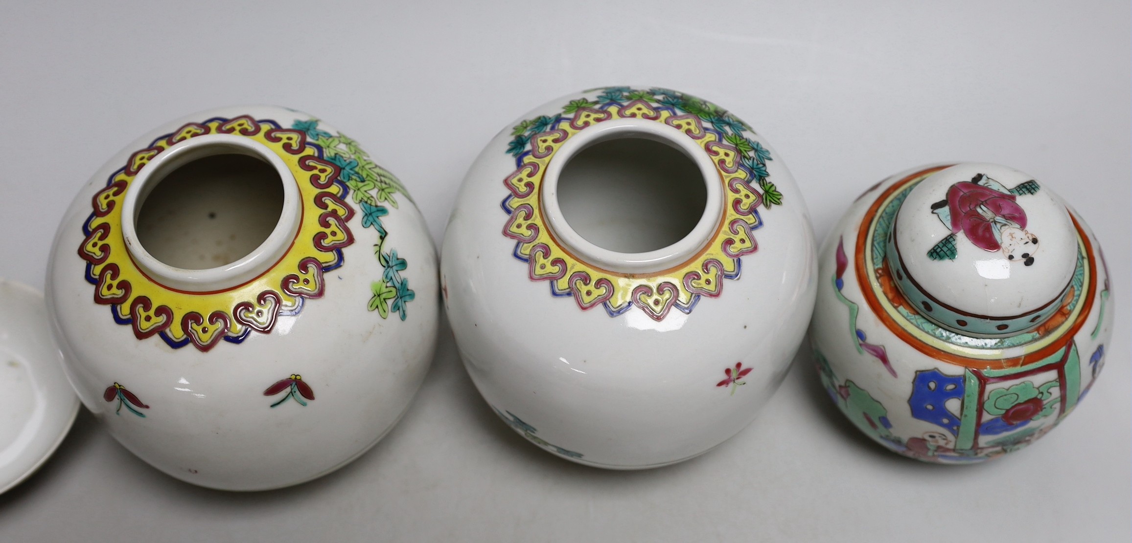 Three Chinese famille rose jars and a similar bowl, tallest 13cms high
